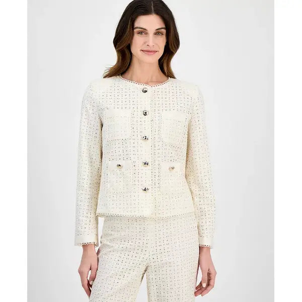 Anne Klein Womens Cotton Eyelet Button, Front Jacket Lightweight Stylish, White Dove