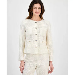 Anne Klein Womens Cotton Eyelet Button, Front Jacket Lightweight Stylish, White Dove