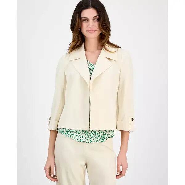 Anne Klein Womens Notched Collar Drapey Cropped Jacket, Modern Layering Piece, Lt Parchment