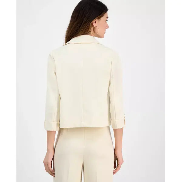 Anne Klein Womens Notched Collar Drapey Cropped Jacket, Modern Layering Piece, Lt Parchment