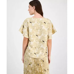 Anne Klein Womens Printed Boat Neck Flutter Sleeve Top, Elegant Lightweight Casual Wear, Safari Multi