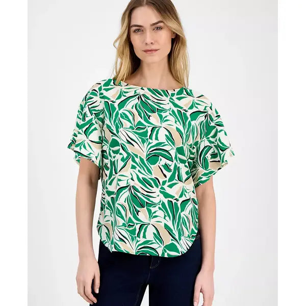 Anne Klein Womens Printed Boat Neck Short Sleeve, Top Stylish Casual Womens Top, Tropical Green Multi