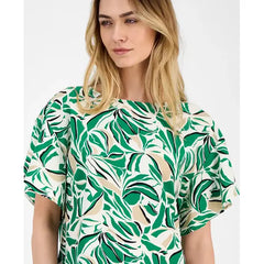 Anne Klein Womens Printed Boat Neck Short Sleeve, Top Stylish Casual Womens Top, Tropical Green Multi