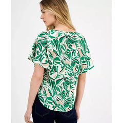 Anne Klein Womens Printed Boat Neck Short Sleeve, Top Stylish Casual Womens Top, Tropical Green Multi