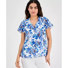 Anne Klein Petite Floral Button Down Ruffle Blouse, Elegant Stylish Womens Top , Bright White Multi