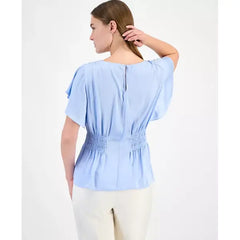Anne Klein Petite Smocked Waist Flutter Sleeve Top, Stylish Lightweight Feminine Blouse