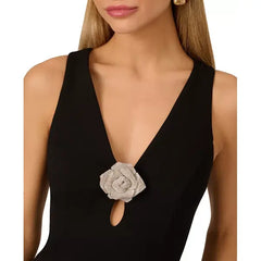 Adrianna Papell Women's Embellished Rosette Dress, Elegant Special Occasion Gown, Black