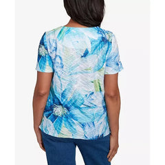 Alfred Dunner Womens Crew Neck Floral Top Stylish Comfortable Blouse, Blue