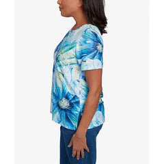 Alfred Dunner Womens Crew Neck Floral Top Stylish Comfortable Blouse, Blue