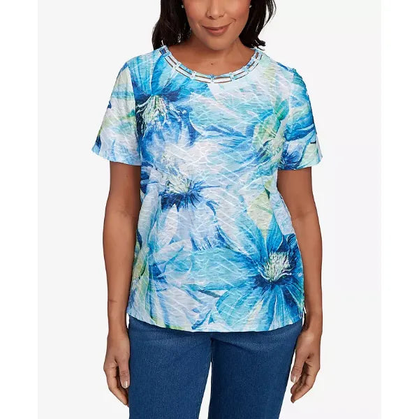 Alfred Dunner Womens Crew Neck Floral Top Stylish Comfortable Blouse, Blue