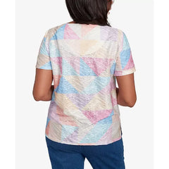 Alfred Dunner Women's Keyhole Geometric Patchwork Top, Pastel