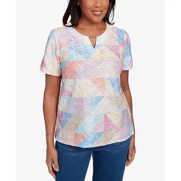 Alfred Dunner Women's Keyhole Geometric Patchwork Top, Pastel