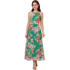 Adrianna Papell Womens Floral Print Halter Maxi Dress for Special Occasions, Green Multi