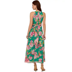 Adrianna Papell Womens Floral Print Halter Maxi Dress for Special Occasions, Green Multi