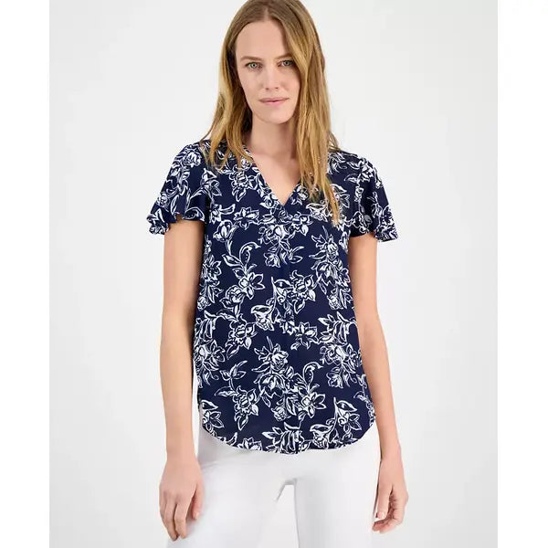 Anne Klein Womens Printed V Neck Flutter Sleeve Tunic, Stylish Comfortable Top for Everyday Wear, Distant Mountain Multi