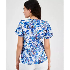 Anne Klein Petite Floral Button Down Ruffle Blouse, Elegant Stylish Womens Top , Bright White Multi