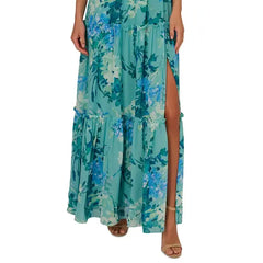 Adrianna Papell Womens Printed Ruffle Tiered Chiffon Gown Elegant Flowing Style for Formal Events,Slate Multi