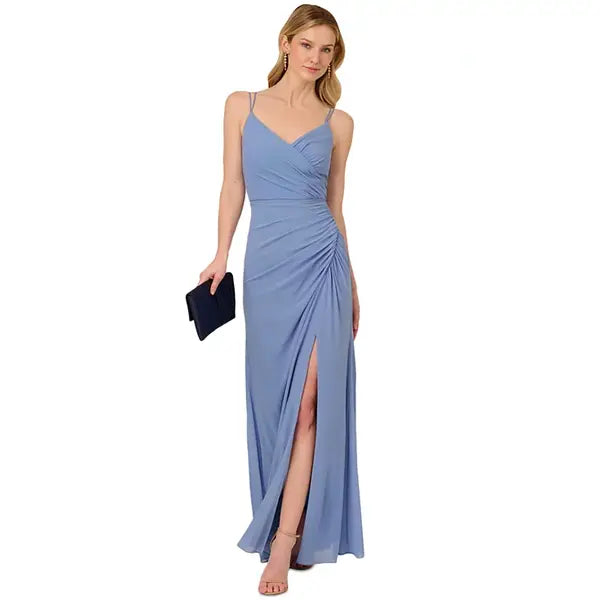 Adrianna Papell Womens V Neck Sleeveless Draped Gown, Elegant Formal Evening Dress