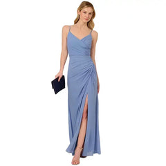 Adrianna Papell Womens V Neck Sleeveless Draped Gown, Elegant Formal Evening Dress