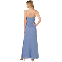Adrianna Papell Womens V Neck Sleeveless Draped Gown, Elegant Formal Evening Dress