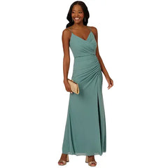 Adrianna Papell Womens V Neck Sleeveless Draped Gown, Elegant Formal Evening Dress