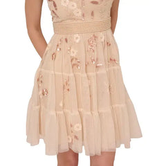 Adrianna Papell Women's V-Neck Beaded Mesh Minidress for Elegant Evening Wear, Pale Pink