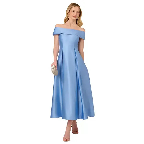 Adrianna Papell Women's Off The Shoulder Mikado Fit and Flare Dress for Elegant and Timeless Style, Bluebell