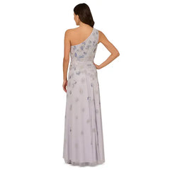Adrianna Papell Womens Asymmetric Neck Beaded Mesh Gown, Elegant Formal Evening Dress