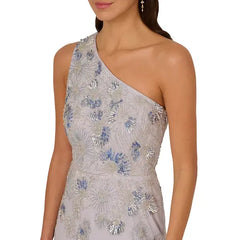 Adrianna Papell Womens Asymmetric Neck Beaded Mesh Gown, Elegant Formal Evening Dress