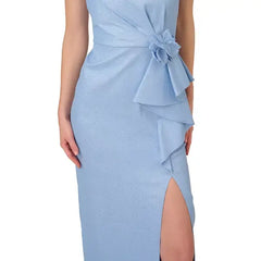 Adrianna Papell Womens Asymmetric Neck Ruffle Trim Gown Elegant Style for Formal Events, Bluebell/Silver