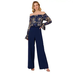 Adrianna Papell Womens Off The Shoulder Lace and Crepe Jumpsuit, Stylish Evening or Special Occasion Outfit