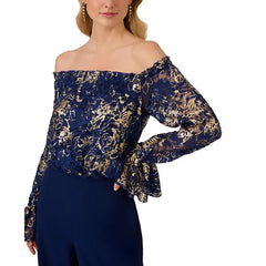 Adrianna Papell Womens Off The Shoulder Lace and Crepe Jumpsuit, Stylish Evening or Special Occasion Outfit