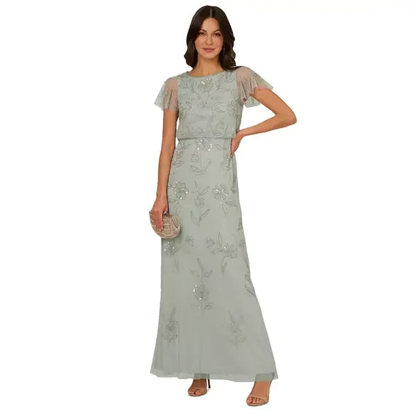 Adrianna Papell Petite Aqua Dust Boat-Neck Beaded Dress, Perfect for Elegant Evenings, Aqua Dust