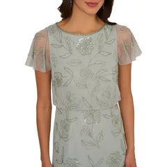 Adrianna Papell Petite Aqua Dust Boat-Neck Beaded Dress, Perfect for Elegant Evenings, Aqua Dust