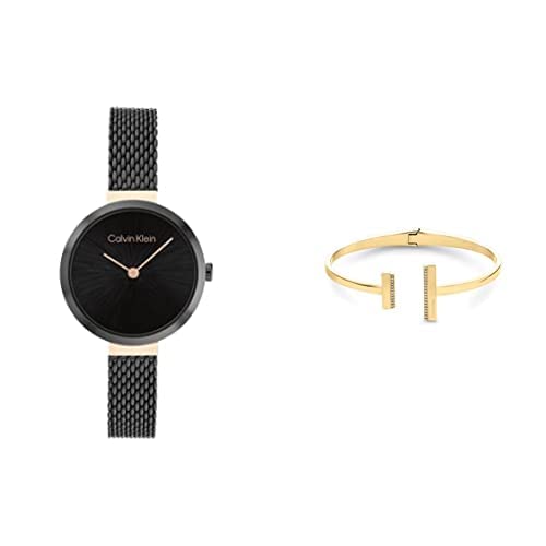 Calvin Klein Minimalistic T Bar 28Mm Mesh Women's Black Dial, Ionic Plated Black Steel Watch + Calvin Klein Minimal Linear, Women's Bangle