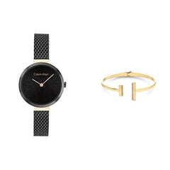 Calvin Klein Minimalistic T Bar 28Mm Mesh Women's Black Dial, Ionic Plated Black Steel Watch + Calvin Klein Minimal Linear, Women's Bangle