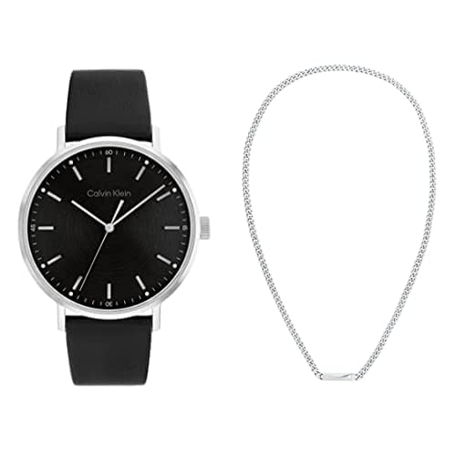 Calvin Klein Modern Mesh Men's Black Dial, Black Leather Watch + Calvin Klein Iconic Id, Men's Necklace