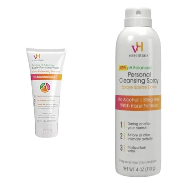 vH essentials, Ph Balanced Daily Feminine Wash, Tea Tree Oil & Prebiotic Personal Cleansing Spray, pH Balancing Lactic Acid, Sting Free, Witch Hazel Formula, Fragrance free Bundle