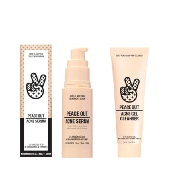 PEACE OUT Daily Defense Set, Acne Gel Cleanser + Acne Serum with Salicylic Acid Face Wash and Acne Treatment Serum with Niacinamide, Vitamin C & Zinc for Breakouts and Blemishes