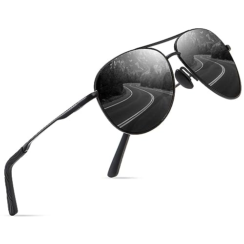 YUKANNA Sunglasses for Men Women Pilot Polarized Sun glasses with UV 400 Protection Metal Frame for Driving Golf Fishing - Black
