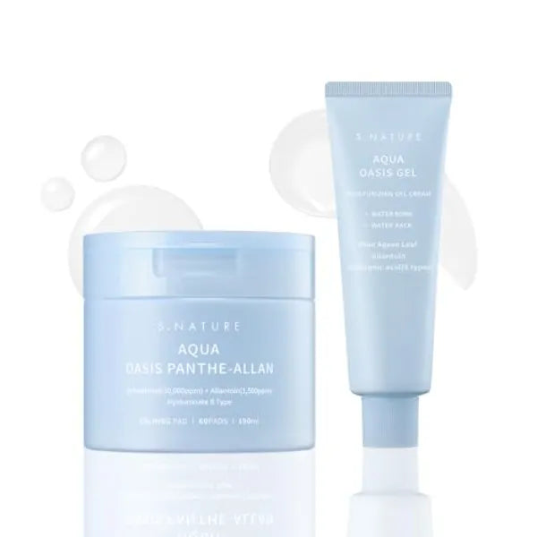 S.NATURE Oasis Soothing Duo: Aqua Oasis Moisturizing Gel Cream 80ml+Aqua Oasis PANTHE-ALLAN Calming Pad 60 padsㅣ For oily and sensitive skin, Cooling,Calming, Redness Relief, Vegan, Korean Skin Care