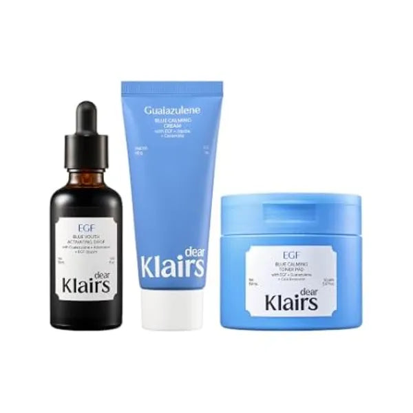 DearKlairs Blue EGF Calming Intensive Trio EGF Serum, Calming Cream, and Toner Pad Set, EGF & Guaiazulene SOS Relief & Skin Smoothing Rescue Kit