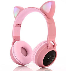 Cat Ears Wireless Bluetooth Kids Headphones, Cat Ears Bluetooth Over Ear Kitty Headphones Volume Limiting, LED Lights, Mic for iPhone/iPad/Kindle/Laptop/PC/TV (Pink)