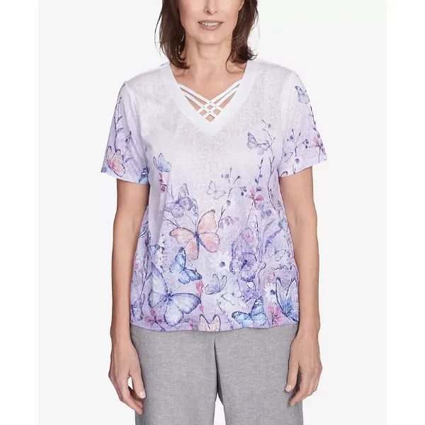 Alfred Dunner Petite Crystal Springs Crisscross Ombre Butterfly Top, Lilac, Size PM
