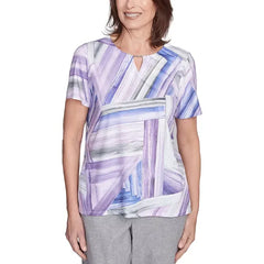 Alfred Dunner Petite Crystal Springs Brushstroke Stained Glass Short Sleeves Top, Lilac Multi