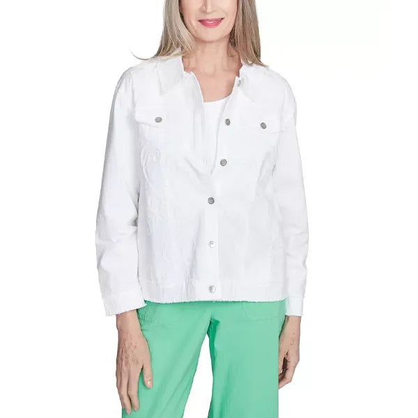 Alfred Dunner Petite Rise & Shine Soutache Fringe Trim Jacket, White