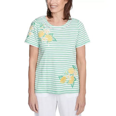 Alfred Dunner Petite Rise & Shine Lemon Printed Striped Top, Lime