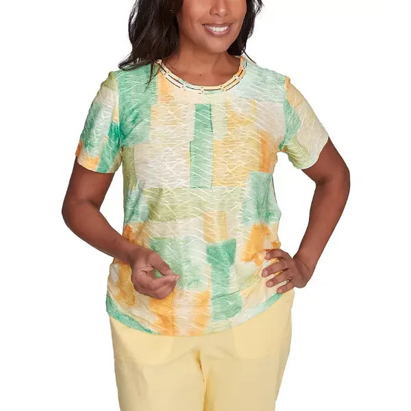Alfred Dunner Petite Rise & Shine Textured Patch Short Sleeve Top, Lemon Multi