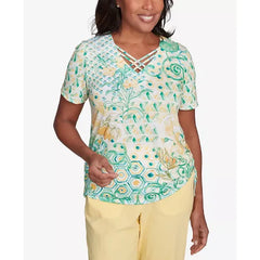 Alfred Dunner Petite Rise & Shine Tropical Geometric Patchwork Top, Lime Multi