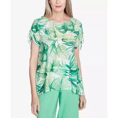 Alfred Dunner Petite Rise & Shine Monotone Tropical Leaf Top, Lime